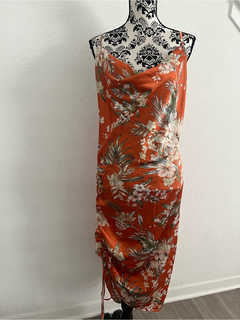 Simplee Plus Orange Floral Satin Slip Dress 4XL Ruched Side Cowl Neck Midi NWT